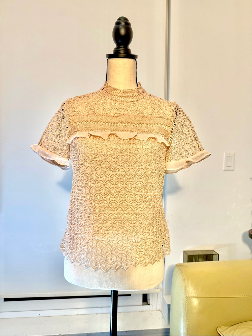 Zara Cream Crochet Lace Ruffle Sleeve Top